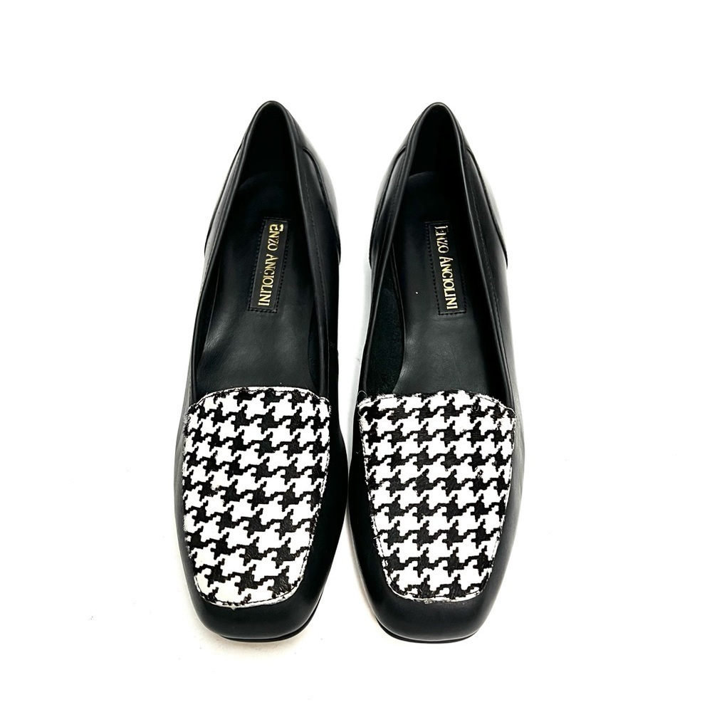 Vintage 1990s deadstock black leather pony hair houndstooth loafers